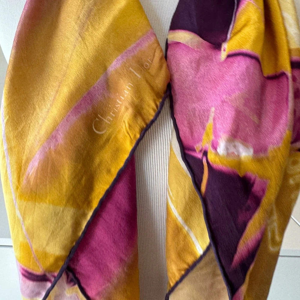 Vintage Christian Dior Chris 1947 Silk Square Scarf Purple Pink Yellow Y2K 33in